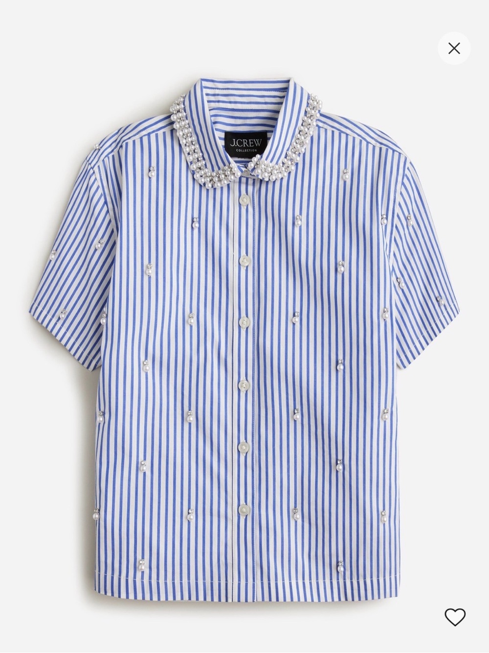 J. Crew Collection Cropped Short-Sleeve Shirt in Stripe with Pearl Details